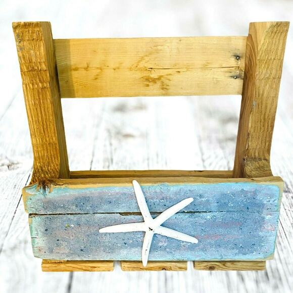STARFISH Hand Painted Rustic BEACH Planter Box Reclaimed Wood Stand Shelf Bin - Picture 3 of 12